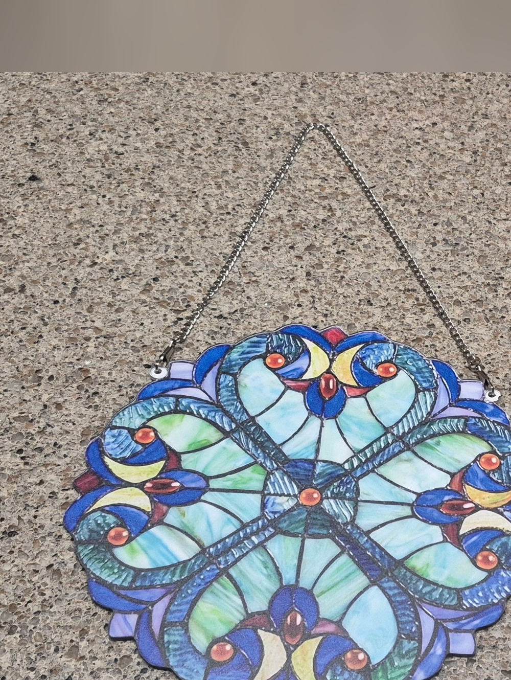 Vintage Faux Stained Glass Suncatcher Blue Grn Acrylic Round Window Hanging 10"